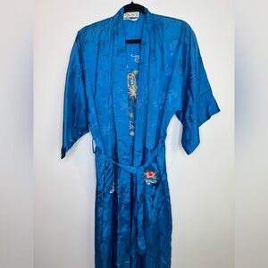 Vintage Health Brand Viscose Dragon Robe 70s Embroidered Blue Dressing Gown